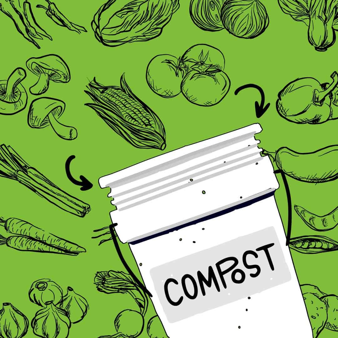 A green background with line drawings of fruits and vegetables with a compost bucket