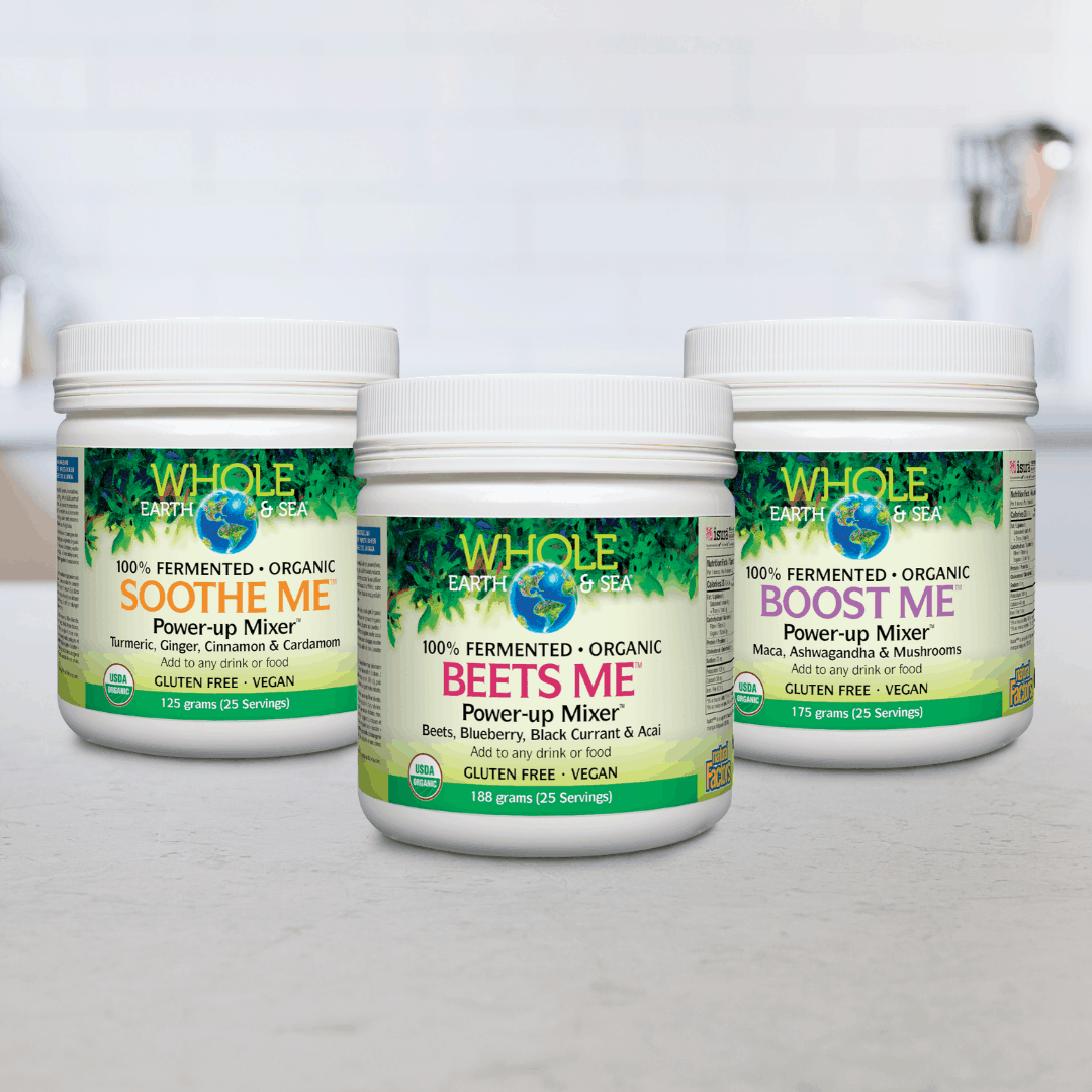 3 tubs of the new Whole Earth & Sea mixers: Boost me, Beets me and Soothe me