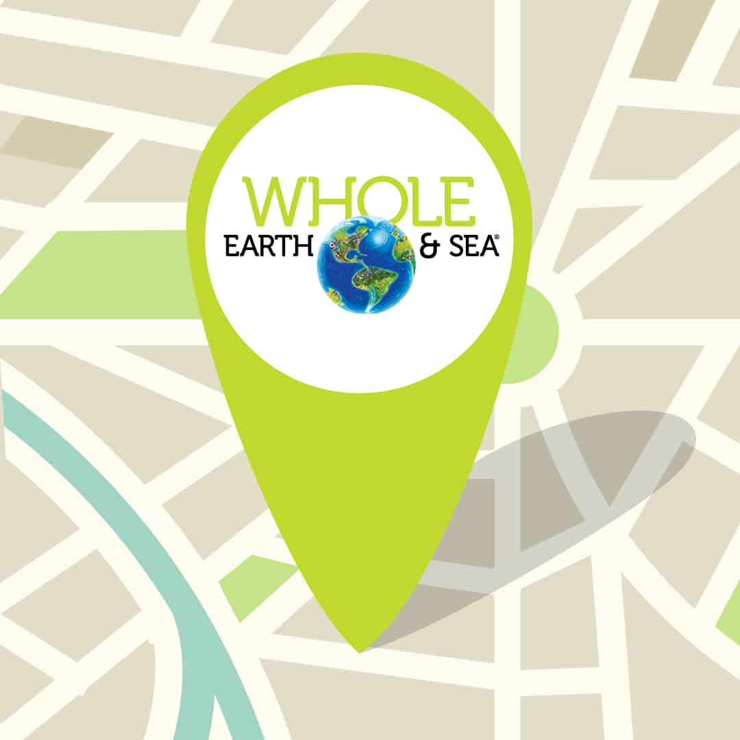 drawing of a map with a map marker reading "Whole Earth & Sea"