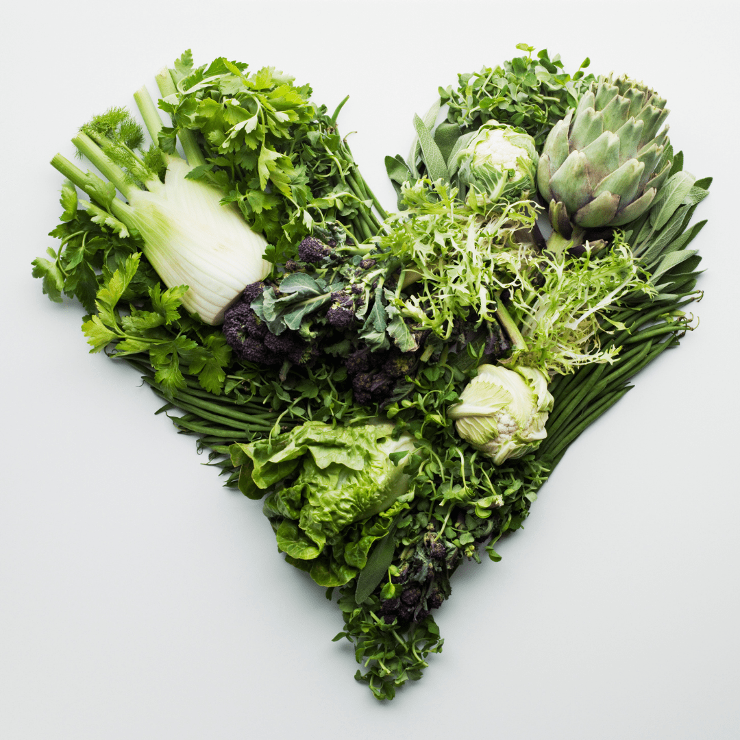 veggies laid down together to form a heart shape. There are artichoke, chives, fennel. lettuce, sprouts, celery, endive and Brussel sprouts