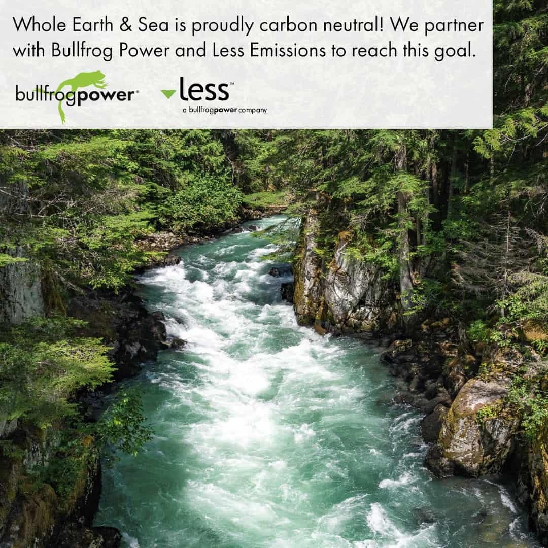 A rushing creek through a forested area. The caption above reads" Whole Earth & Sea is proudly Carbon Neutral with Bullfrog Power! We partner with Bullfrog Power and Less Emissions to reach this goal."