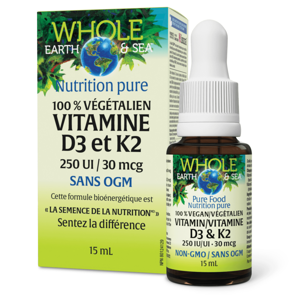 Bouteille et boîte de Vitamine D3 et K2, 100 % végétalien
